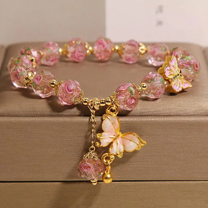 New Chinese Rose Garden Blue Glaze Bracelet Women's Niche Light Luxury Gifts Butterfly Pendant Beads HandString High-end Jewelry view 2