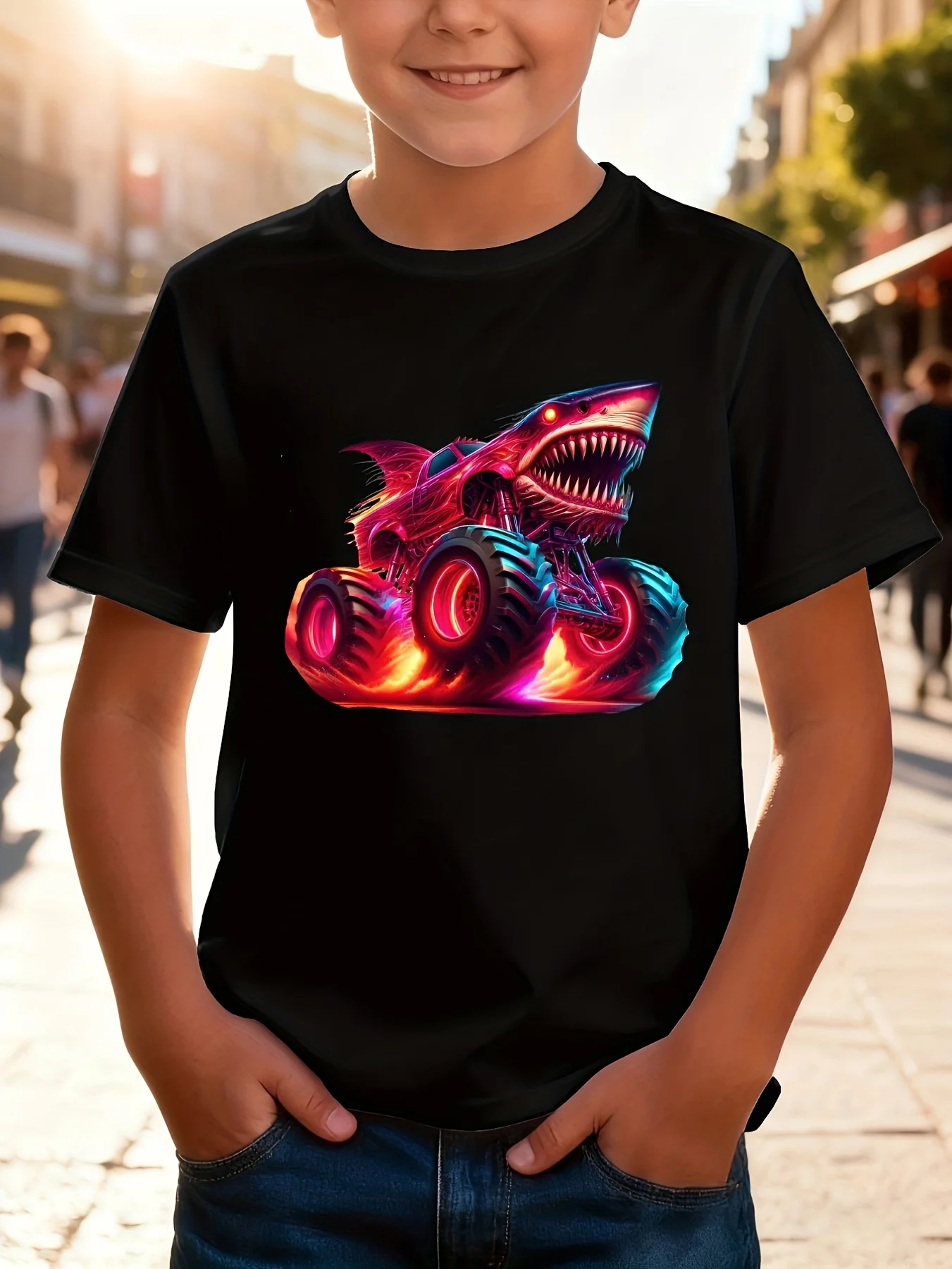 children's Cotton Tee Neon Shark Monster Truck Glow Flame Print Crew Neck Short Sleeve Car Shark Lover Casual Tops