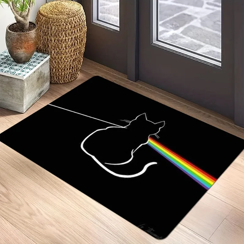 Fußmatte mit Regenbogen-Katzenmuster – schwarzes, lustiges Cartoon-Design mit Farbspektrum-Aufdruck, rutschfeste Eingangsmatte für einzigartige Heimdekoration, Mode