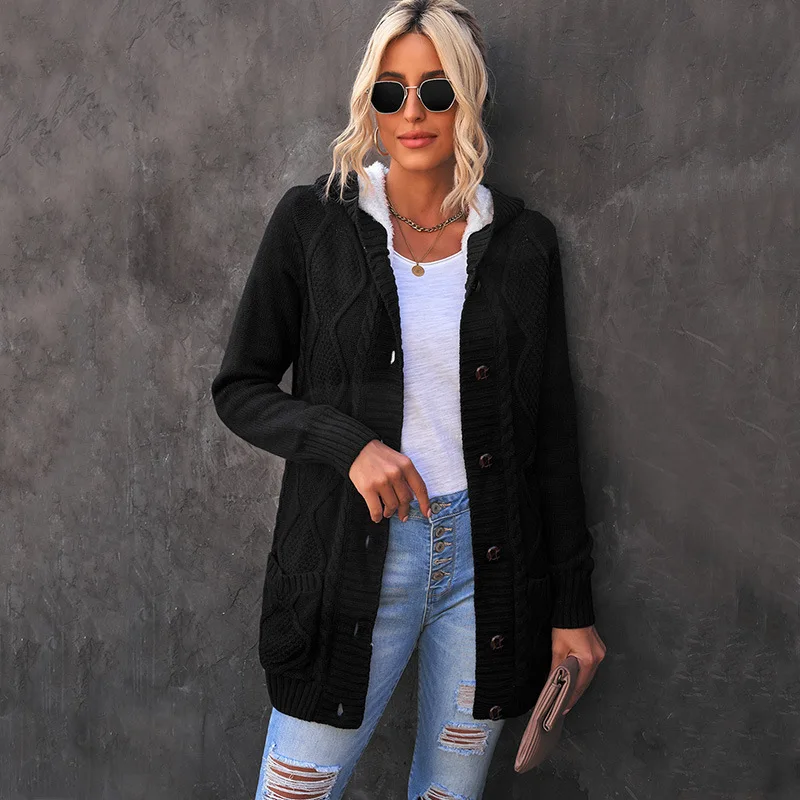 

Women's Winter Cardigan Knitted Sweater Warm Fleece-Lined Hooded Outerwear European American Style for Ladies