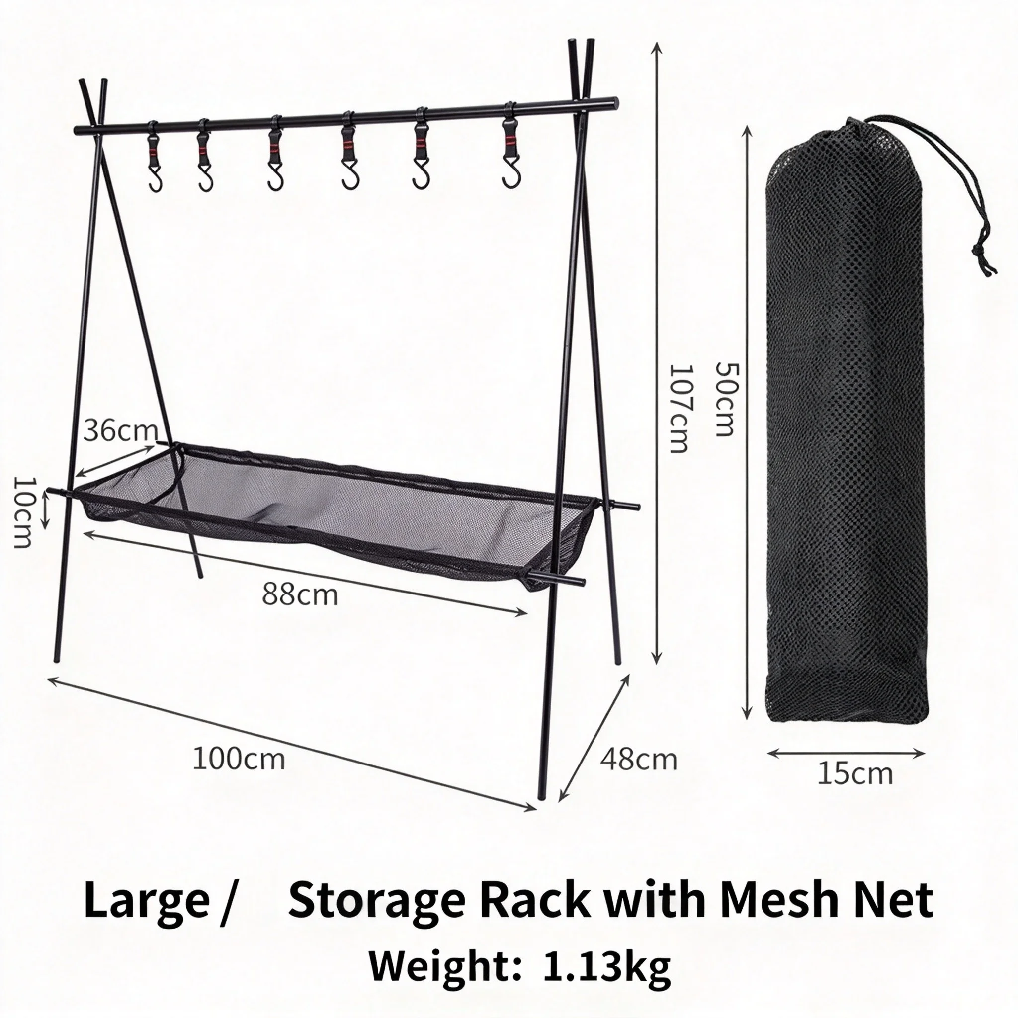 Aluminum Camping Tripod Shelf with Elastic Cord Connected Legs Mesh Storage Bag and Compact Carry Bundle for Transport