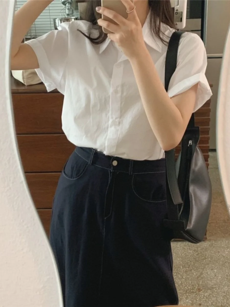 

Белая базовая женская футболка с коротким рукавом, свободного кроя, из чистого хлопка, в корейском стиле, с воротником, летняя новинка