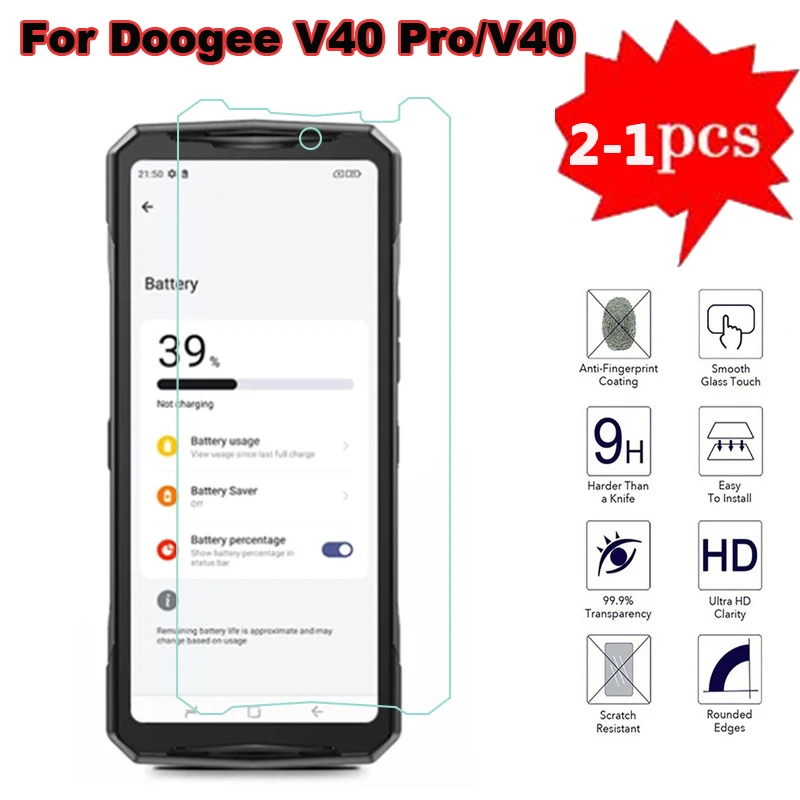 2-1PCS Tempered Glass For Doogee V40 Pro Screen Protector Phone Film For Pelicula Doogee V40 V40Pro Protective Glass Cover 6.78