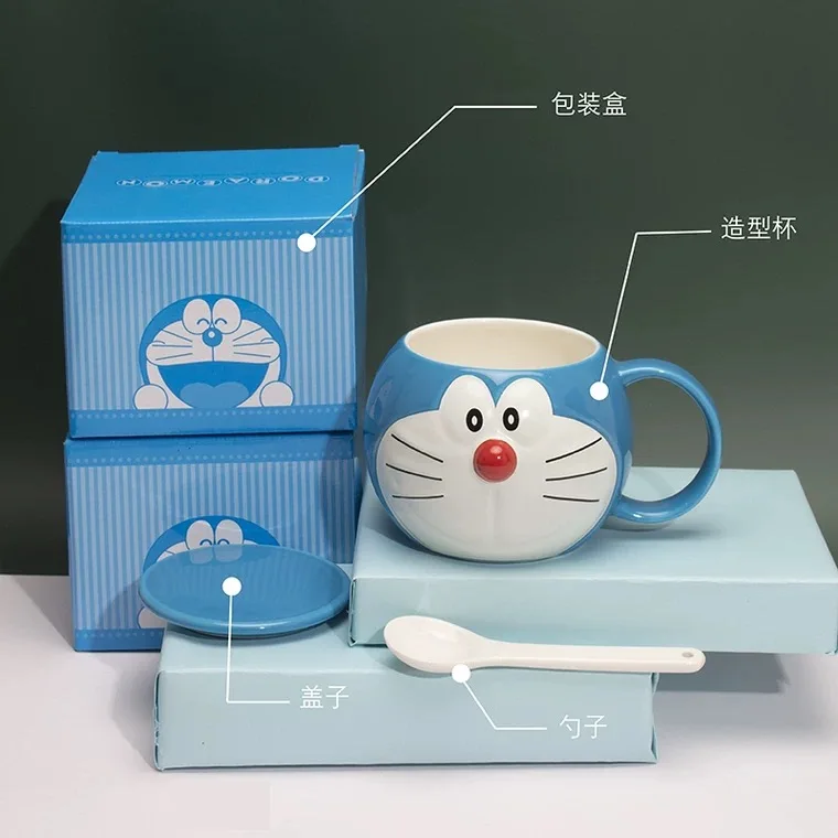 Genuine Stock Doraemon Mug With Cover Machine Cat Cute Blue Fatceramic Cup Holiday Birthday Cartoon Gifts For Boys And Girls