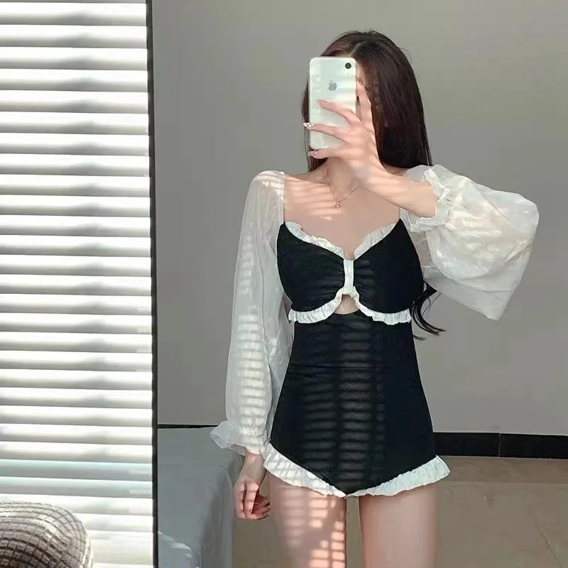 Cover-ups Women Sun Protection Beach Vacation Elegant Fashion New Hollow Out Ruffle Sleeve Sexy Slim Swimwears Korean Tender