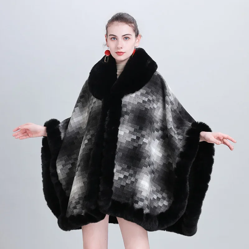 Thicken Lining Woolen Faux Rabbit Fur Cloak Overcoat Women Fashion Novelty Winter Coat Cape V Lapel Big Long Shawl Cardiga B469