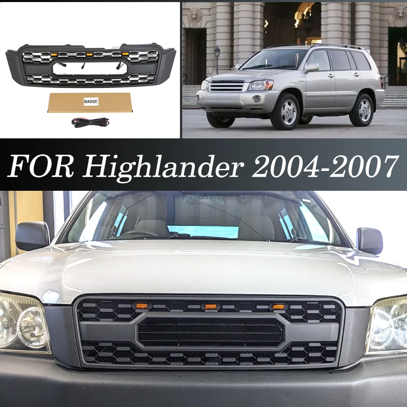 Front Grill With Led Lights Bumper Grille Auto Parts Accessories Decoration  Fits For 2004-2007 Toyota Highlander Grill