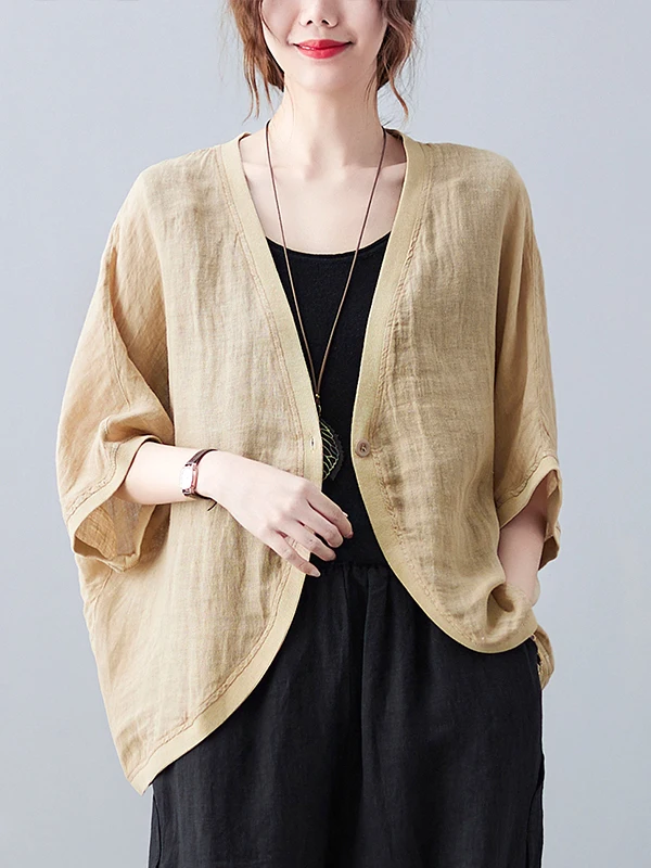 Women's Summer Thin Cotton Linen Sun Protection irt Artistic UV Protection Loose Fit ort Outerwear V-Ne Button up