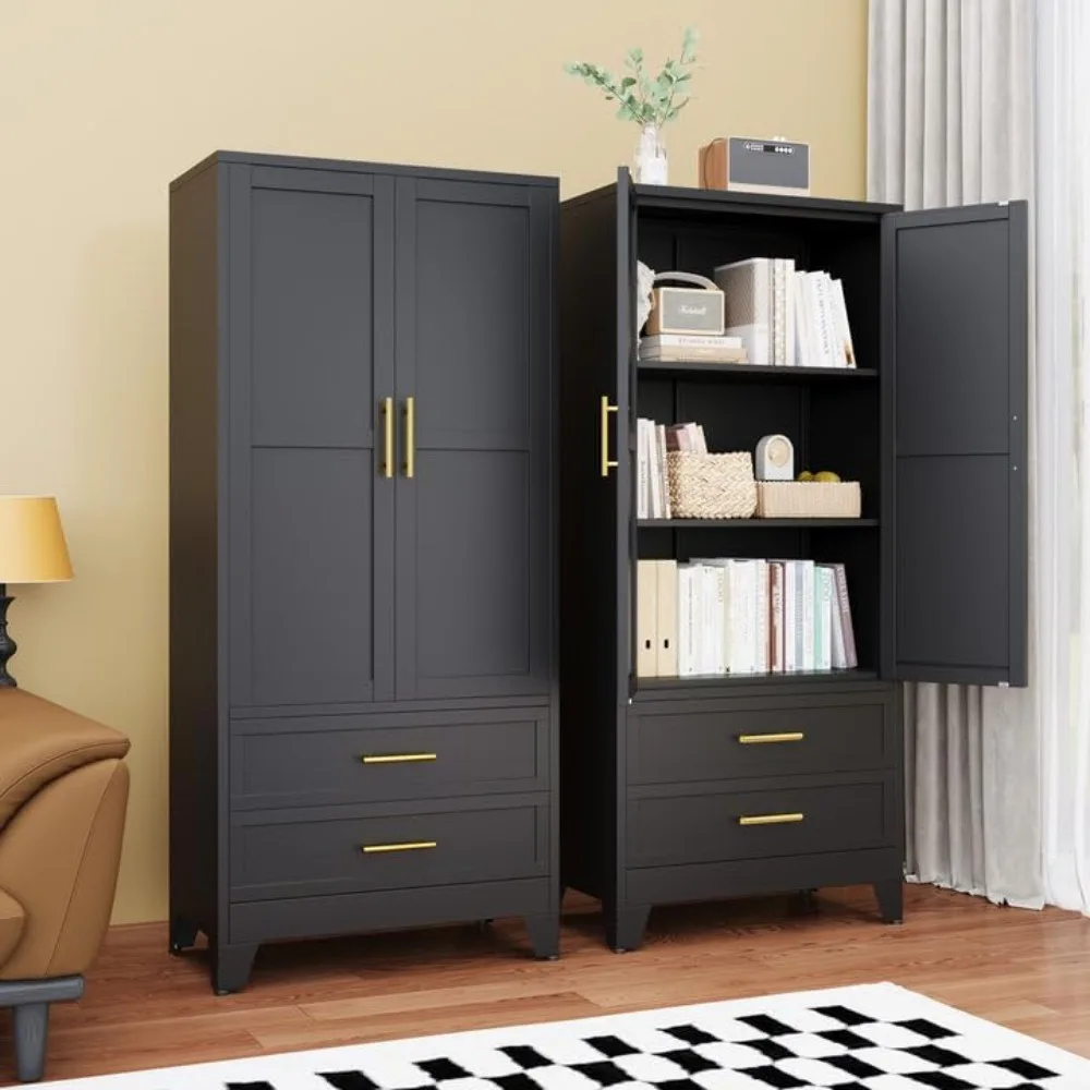 Metal Pantry Cabinet with 2 Doors & 2 Drawers, Tall Kitchen Storage Cabinets with 2 Adjustable Shelves, Versatile Storage