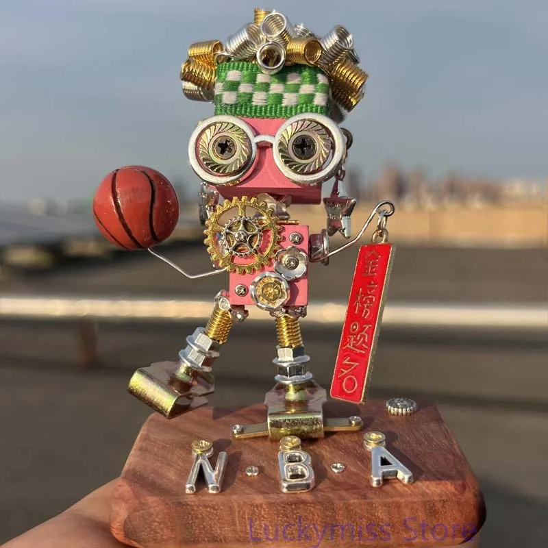 Creative Handcrafted Steampunk Robot with Basketball Retro Gear Metal Craft Statue Desktop Decoration Birthday Graduation Gift