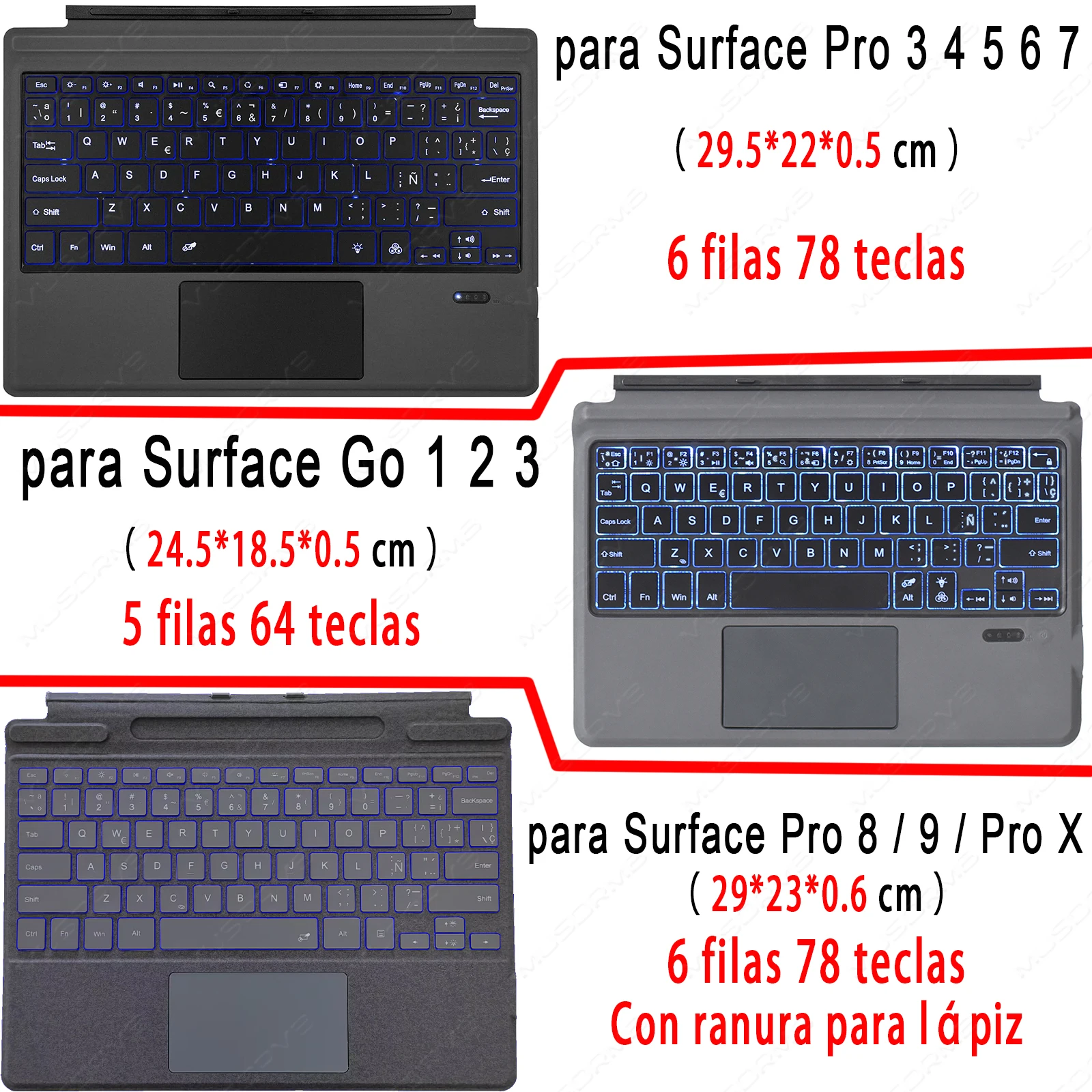 Teclado retroiluminado para Microsoft Surface Pro 3, 4, 5, 6, 7, 8, 9 Pro X, Trackpad inalámbrico Go 1, 2, 3, teclado delgado Español con Ñ