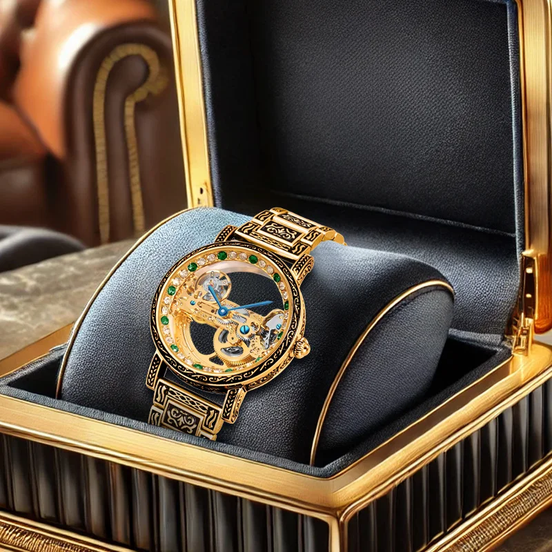 

Мужские черные и золотые стальные ремешки, повседневные модные винтажные резные часы, изысканные автоматические механические часы