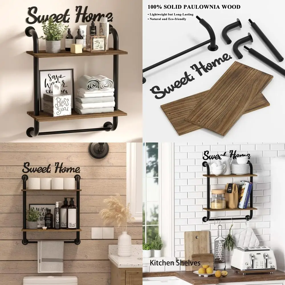 

Rustic 2-Tier Pipe Wall Shelves for Farmhouse Style Bathrooms, 17.3 - Suitable for Kitchen, Bedroom, Living Room