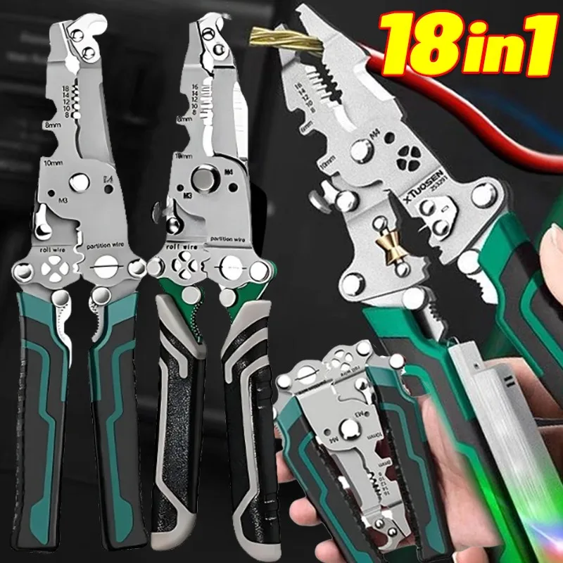 

18in1 Foldable Wire Stripper Crimper Pliers Multifunctional Wire Stripper Electrician Hand Plier Wires Winding Cutting Hand Tool