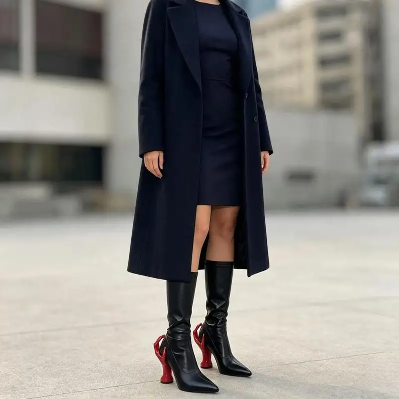 Women PU Pointed Ankle Fashion Boots Unique Hand Shaped High Heel Elevator Short Booties Four Season Black Shoes F450
