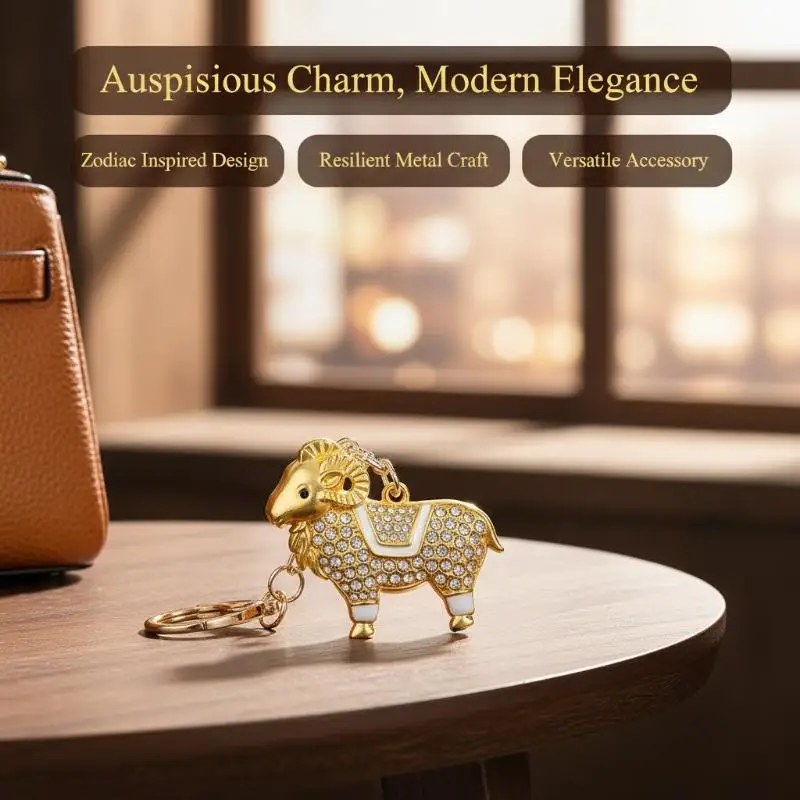 Goat Zodiac Keychain Alloy Pendant Sheep With Rhinestones: Chinese New Year Lucky Charm Car