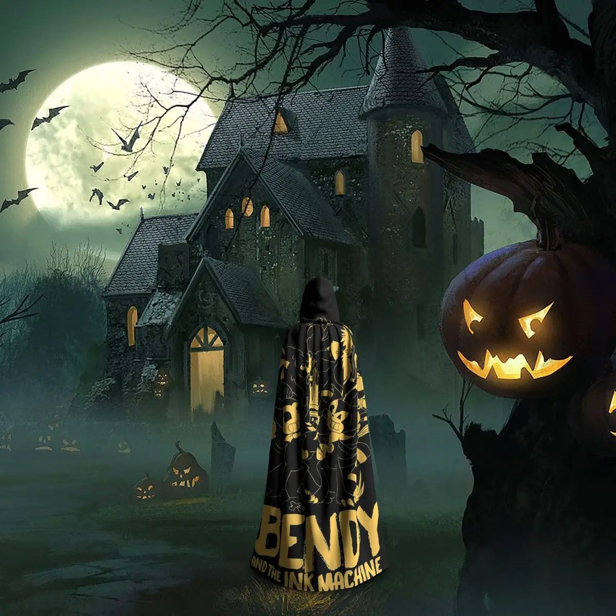 ألعاب الرعب Bendy and The INK Machine عباءة طويلة بغطاء للرأس الساحرة في القرون الوسطى زي تنكري معطف الهالوين للبالغين للجنسين