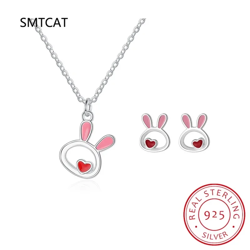 925 Sterling Silver Fine Jewelry Set Cute Animal Rabbit Necklace+Earring Two piece set joyas de plata For Women Girl Gift