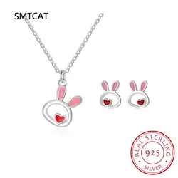 925 Sterling Silver Fine Jewelry Set Cute Animal Rabbit Necklace+Earring Two piece set joyas de plata For Women Girl Gift