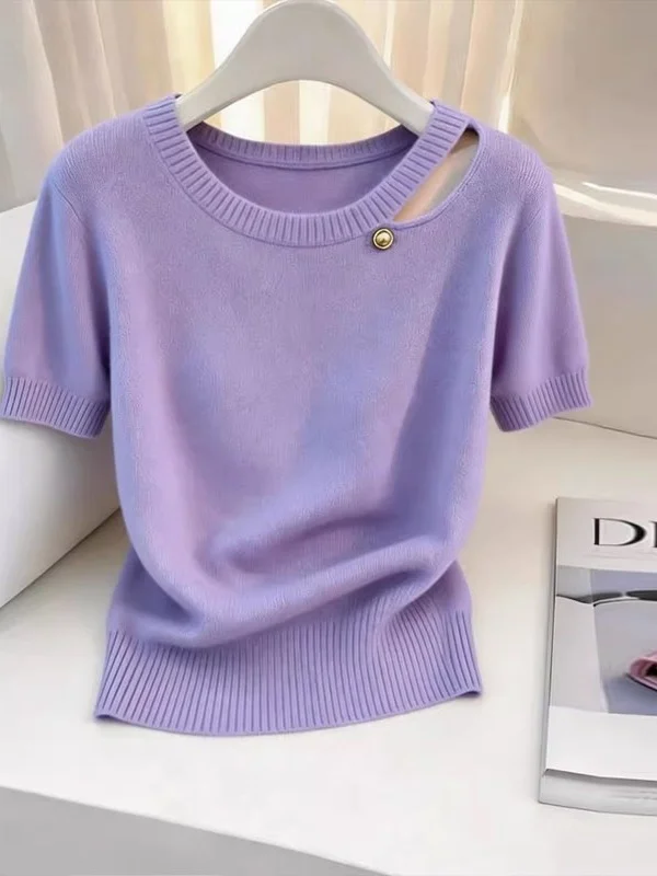 

Summer 2026 Women's Faion Anti-Aging Thin ort Sve round Ne Knitted irt Casual Slim Fit Purple Color Casual Sle