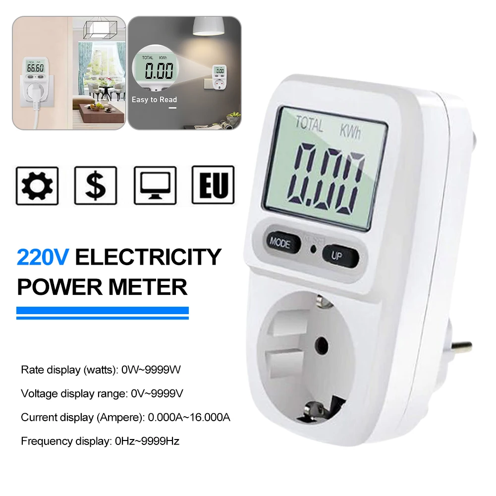 New 220V Digital LCD Power Meter Wattmeter Socket Energy Meter Kwh Voltage Current Frequency Electricity Monitor 16A EU Plug