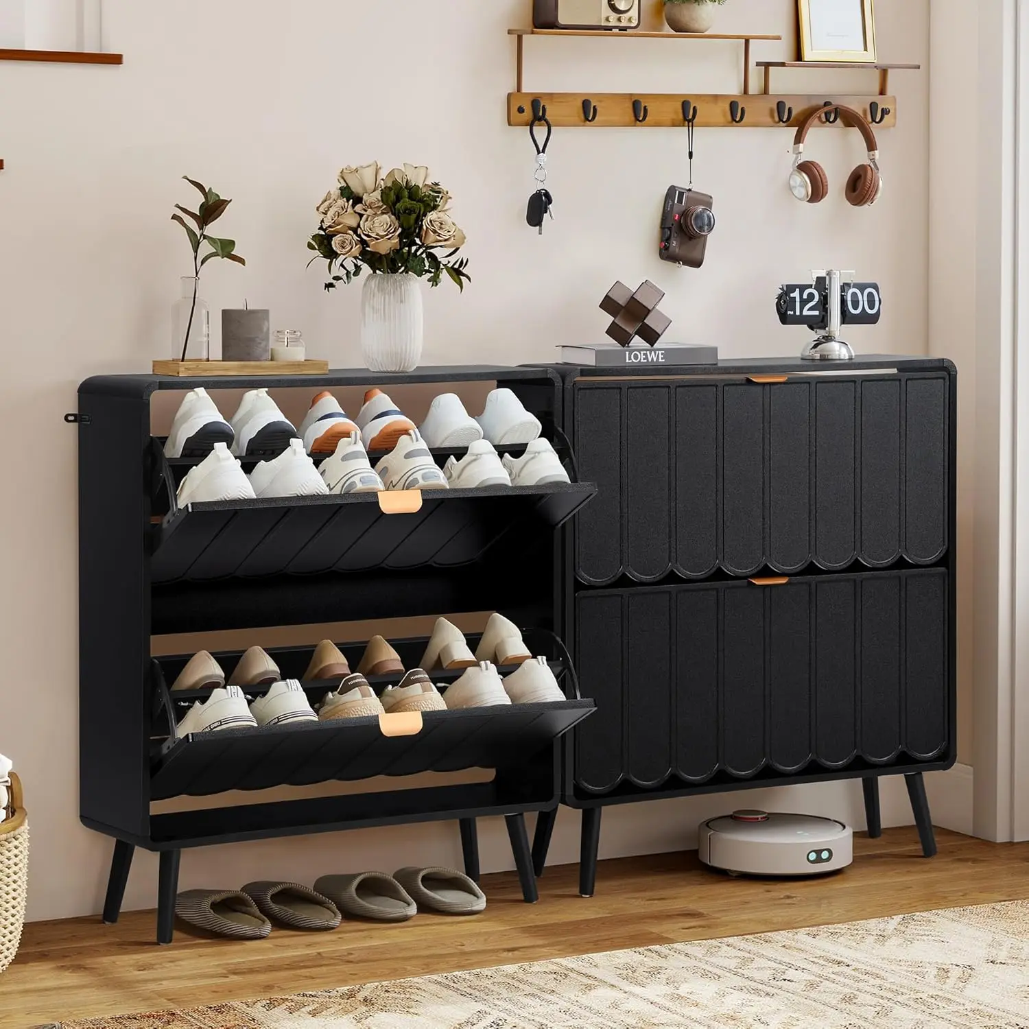 Shoe Storage Cabinet For Entryway With 2 Flip Drawers Set Of 2, Freestanding Narrow Wood Shoe Cabinet With Wave, Customized