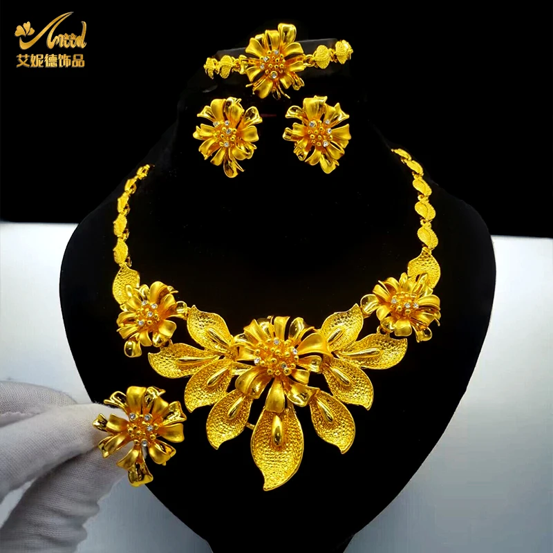 

ANIID Indian 24K Gold Color Necklace Set For Women Party Bridal Wedding Ethiopian Luxury Dubai Jewelry Wholesale New Gifts