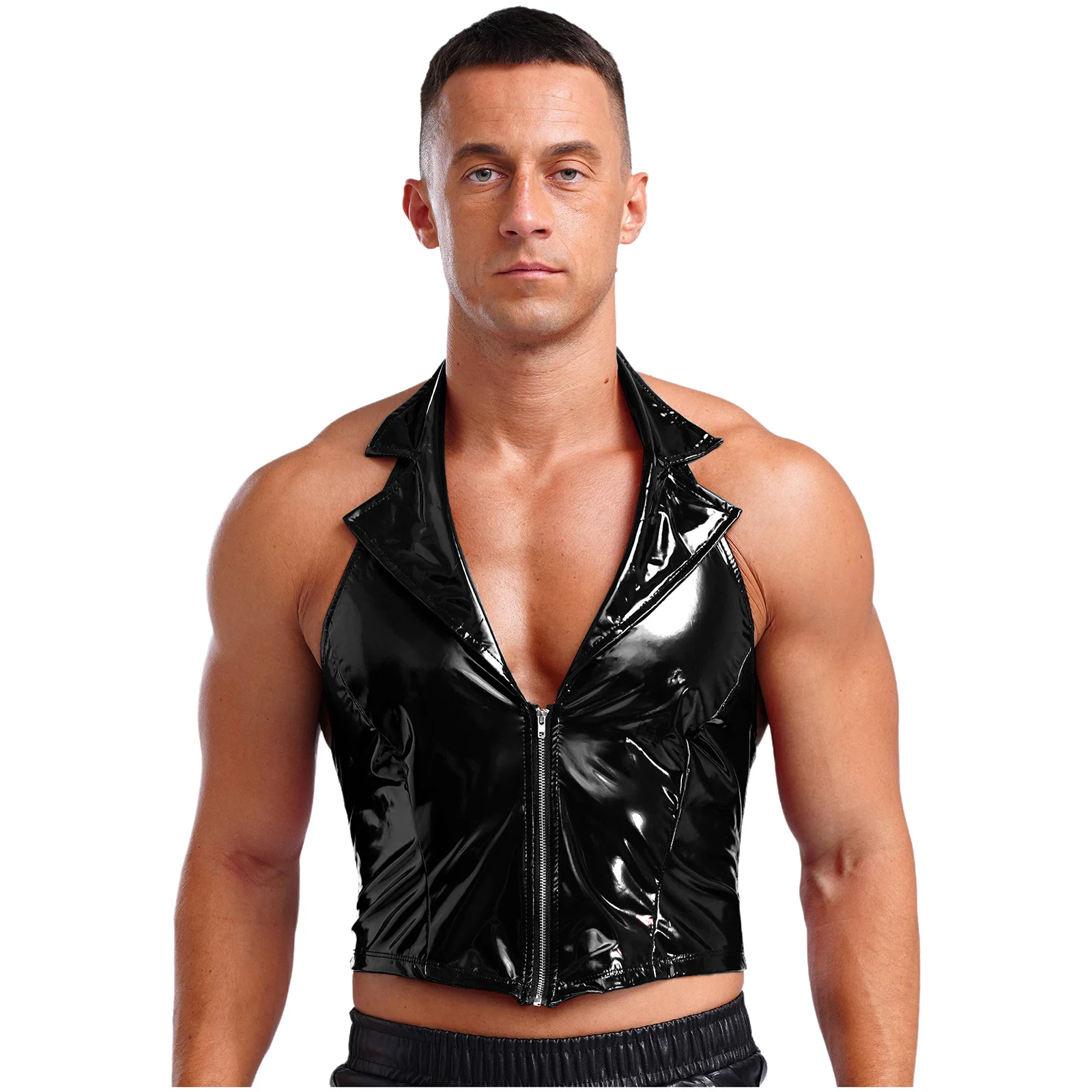 Cool Mens Punk Dancing Vest Patent Leather Club Party Tank Top Front Zipper Backless Vest Top for Motorcycle Biker Waistcoat