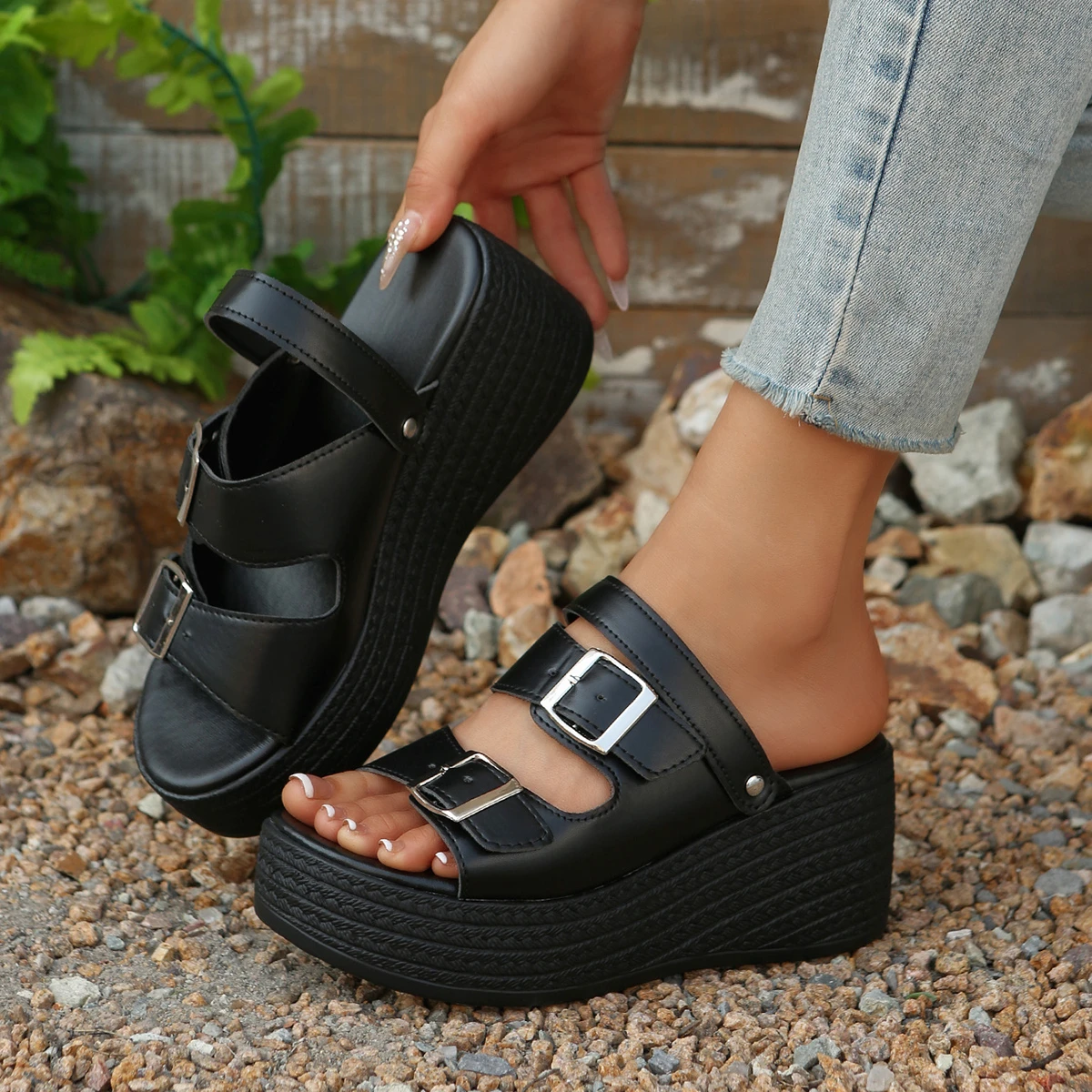 الصيف أنيقة جولة تو مثير مشبك إسفين كعب سميك سوليد الصنادل المألوف أفضل بيع جديد مريح زائد حجم الصنادل