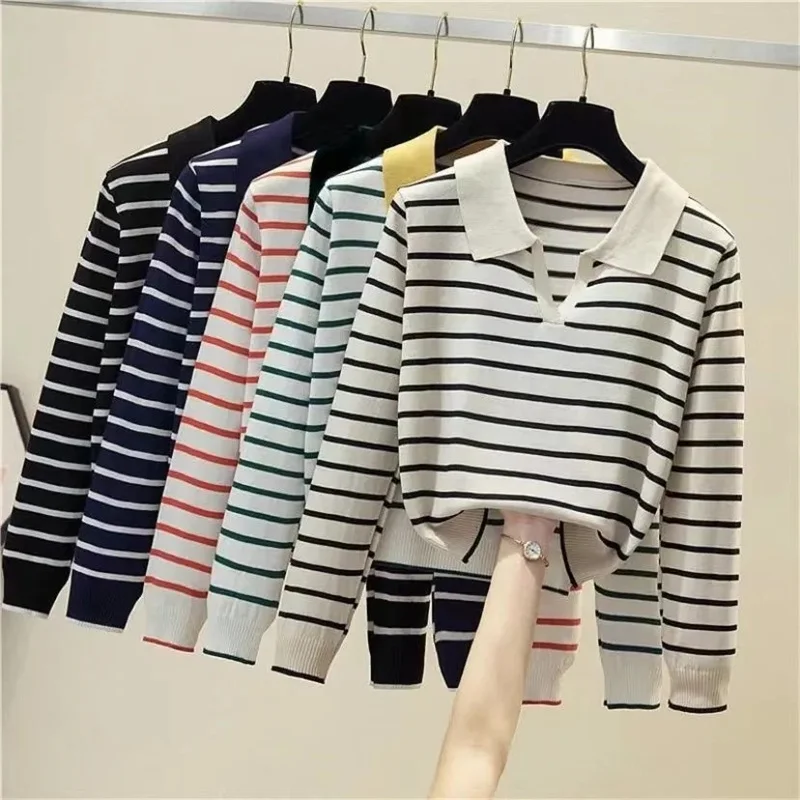 Women\'s Striped V-neck Pullover Polo Sweater Autumn All-match Tops Long-sleeved Knitted Bottoming Sweaters Jumpers 2024 New