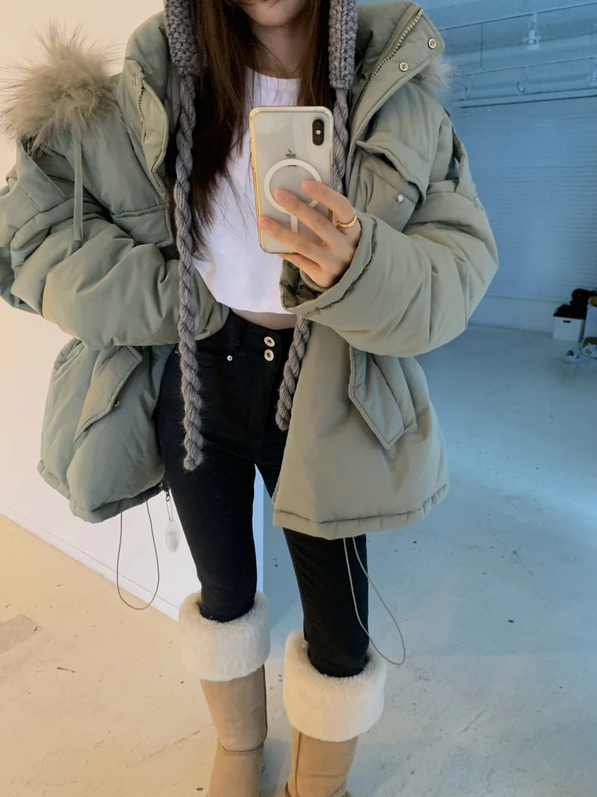 

Thiened Cotton Jaet Women's Loose Dstring Waist Slimming Fur Collar Parka Coat Warm Long Sve Zipper Closure