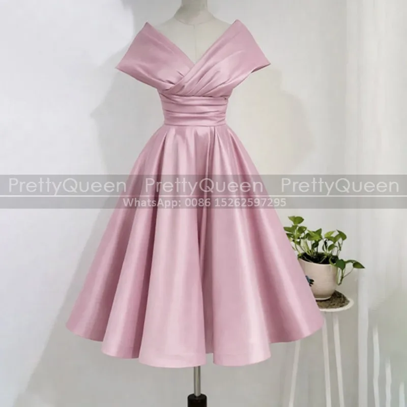 

A Line Short Bridesmaid Dresses With Short Sleeves Tea Length Customized Light Pink Satin Wedding Party Dress