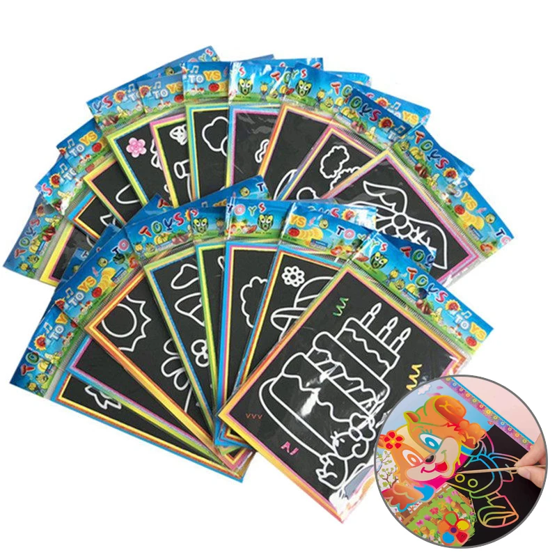 5/10/15/20pcs Scratch Painting Notebook Art Classroom Supplies Office Cultural School Rewards Cartoon Pattern Colorful Paper TMZ