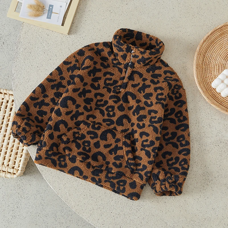 Suefunskry Toddler Girl Boy Winter Warm Coat Fuzzy Long Sleeve Stand Collar Leopard Print Zipper Closure Kid Outwear 3-7Years