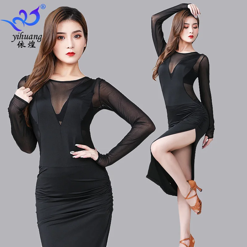 

1 шт./лот женское сексуальное сетчатое платье с длинными рукавами в стиле пэчворк для латинских танцев женское длинное платье с разрезом для латинских танцев