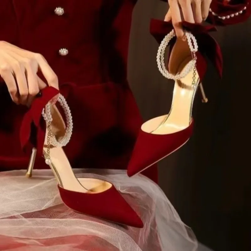 

2026 Red Wedding Shoes New Pointy Stiletto /Thick Heels High Heels Female Shallow Mouth Bow One Word Buckle Strap Bride Shoes