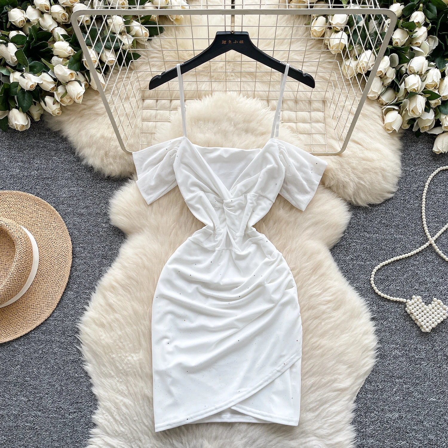 Sexy pleated  off shoulder V-neck Retro pencil dress Chic Casual Beach Vacation Slip Dress Women Summer Vestidos