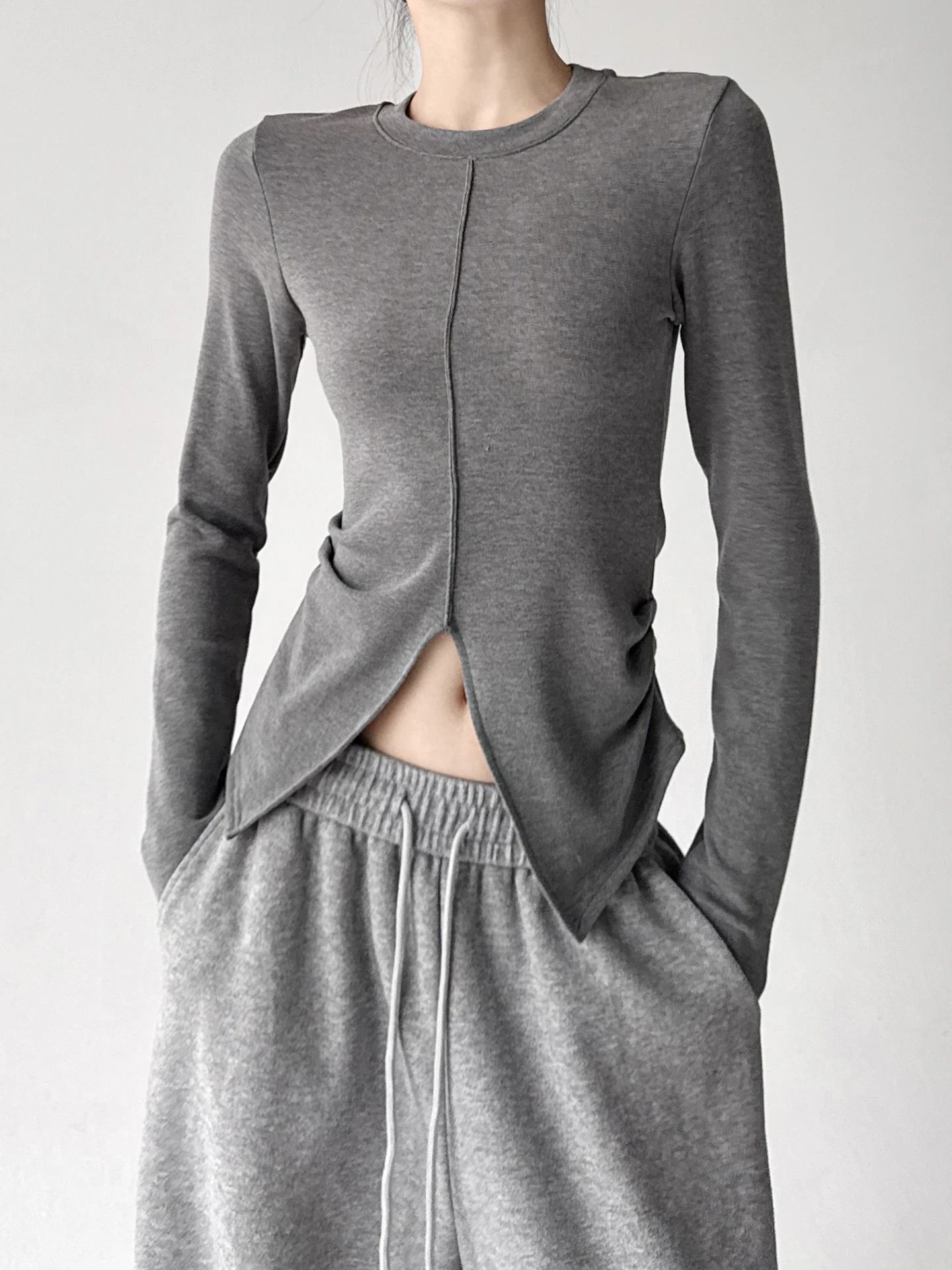 Koreaanse Sle round Ne Long Sve ort T-shirt dames slim fit rits ey super mooie casual top voor herfst winter