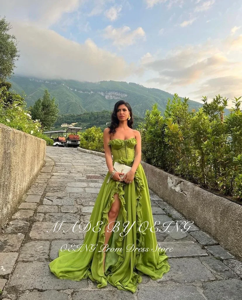 OEING Green Prom Dress Elegant Sweetheart Strapless Ruffles Side Split Evening Dresses Formal Occasion Gown Vestidos De Noche