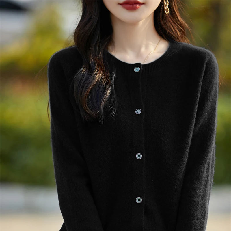 2024 Autumn Winter Knitted Round Neck Cardigan Women\'s Wool Sweater Women\'s 100% Wool Korean Version Loose Top Cashmere Jacket