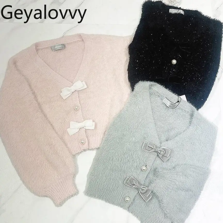 

Новый японский кардиган в стиле Mine, массового производства, из пушистого бархата, вязаный, для милых девушек, универсальный, с V-образным вырезом, короткий свитер-пальто