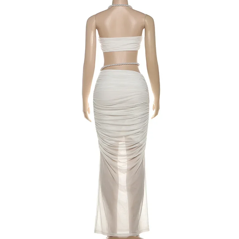 Chaxiaoa жемчужный лоскутный сексуальный женский комплект из 2 предметов, белые плиссированные укороченные кофточки + макси-юбки с низкой талией, женский трендовый наряд для отпуска