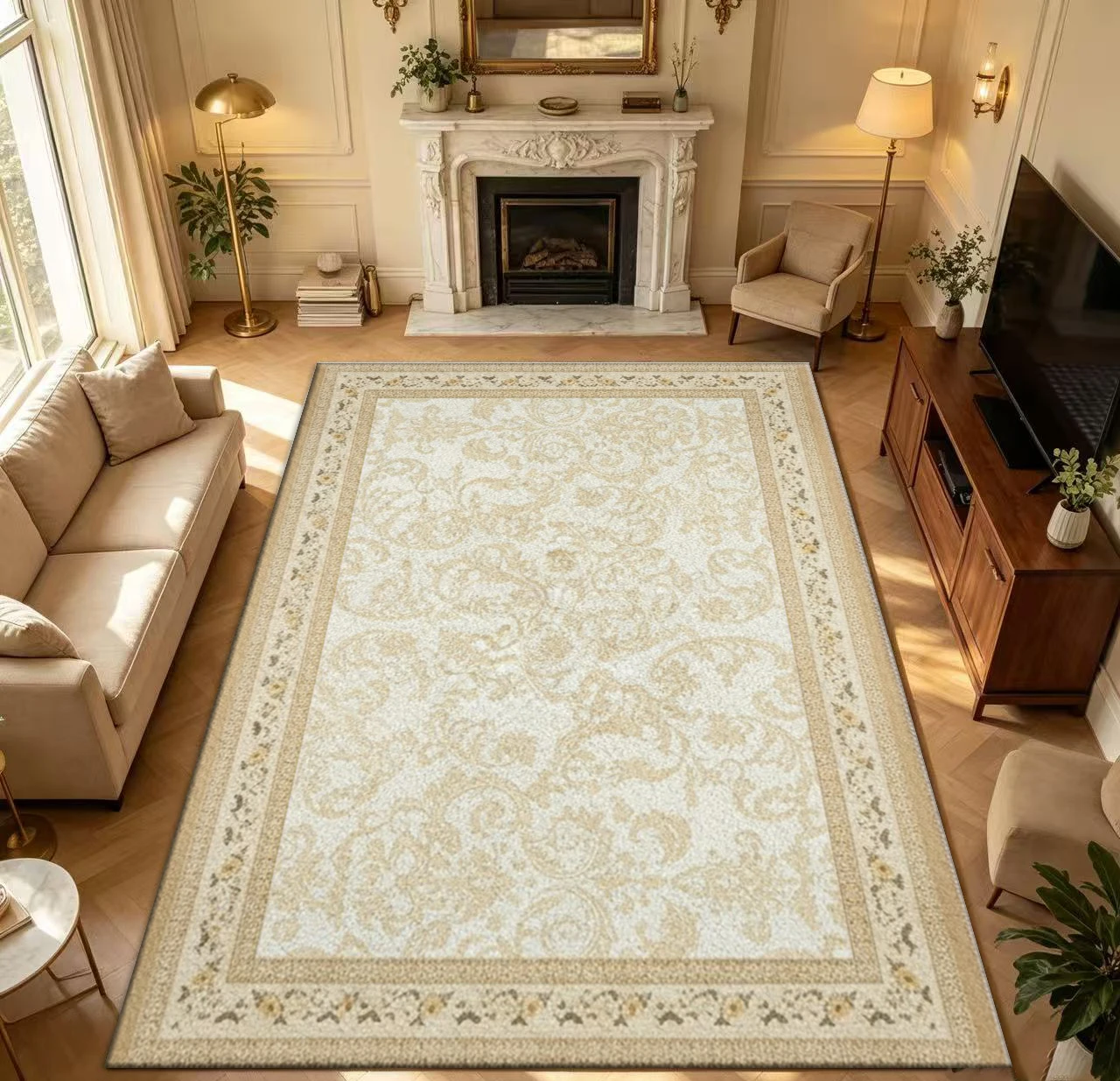 Vintage Cream Beige Oriental Area Rug Subtle Scroll Floral Double Border Floor Carpet for Living Room Bedroom Office Home Decor