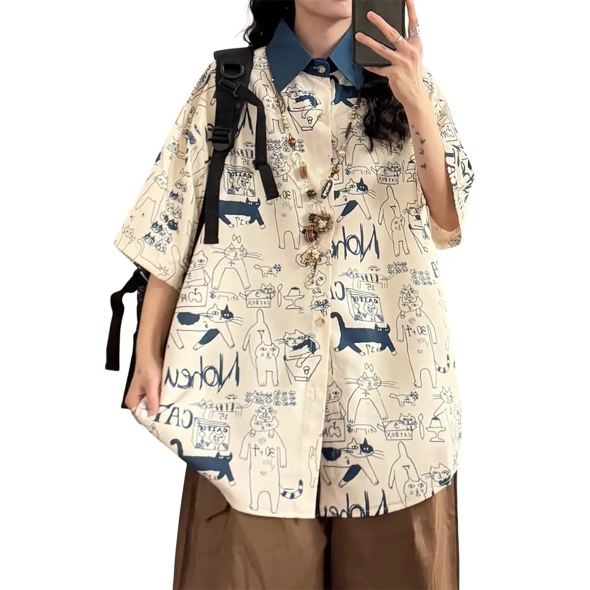 Summer New Arrival Hong Kong Style Retro Cartoon Design Print Sensation Niche Short Sleeve Shirt Top Loose Blouse