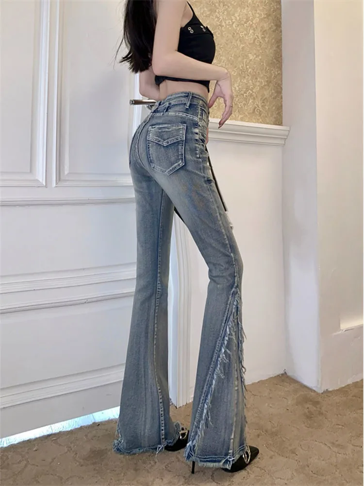 Fashion Raw Edge Splicing Jeans Woman Plus Size American Retro Hottie Slim Floor Mopping Casual Bell Bottoms High Waisted Jeans