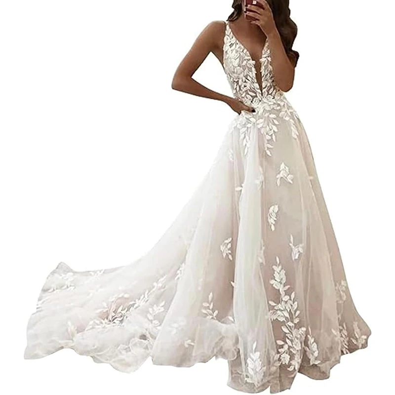 

Fashion Aline Wedding Dresses V-neck Custom-Made Court Train Appliques Sleeveless Robe De Mariée Engagement Plus