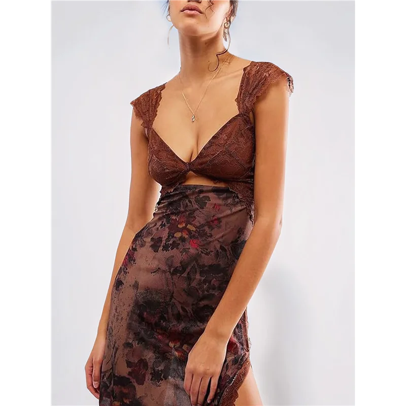 CYL-レディース レース パッチワーク メッシュ マキシドレス 花柄プリント カットアウト スイートハートネック バックレス スリット入り サマー Y2K ロングドレス