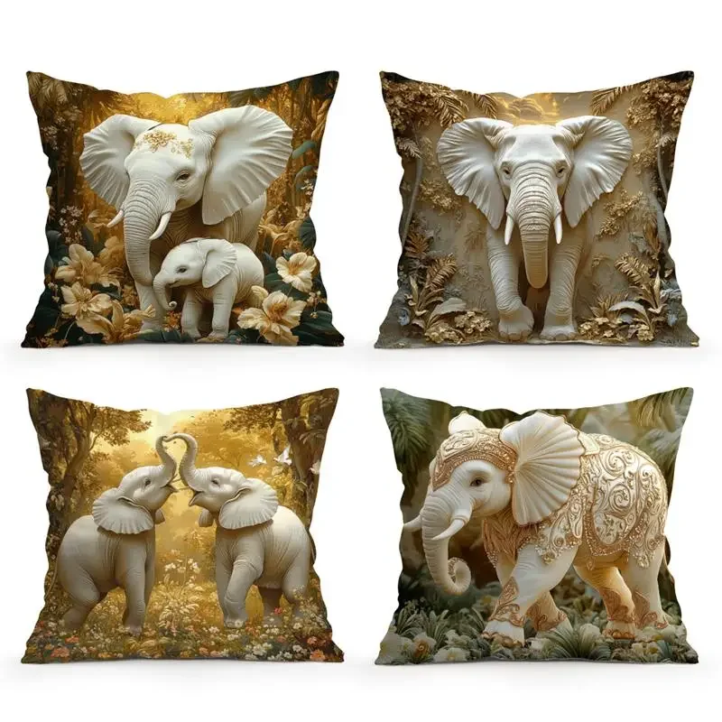 Home Decor Enchanting Elephants in a Golden Jungle Pattern Cushion Cover Suitable for Sofa Bedroom Car Pillow Cover