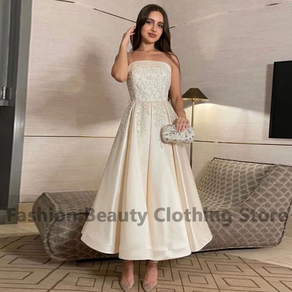 Satin A-Line Prom Dress Dubai Strapless Applique Pleated Backless Saudi Arabian Ankle-Length Evening Dresses Vestidos De Noche