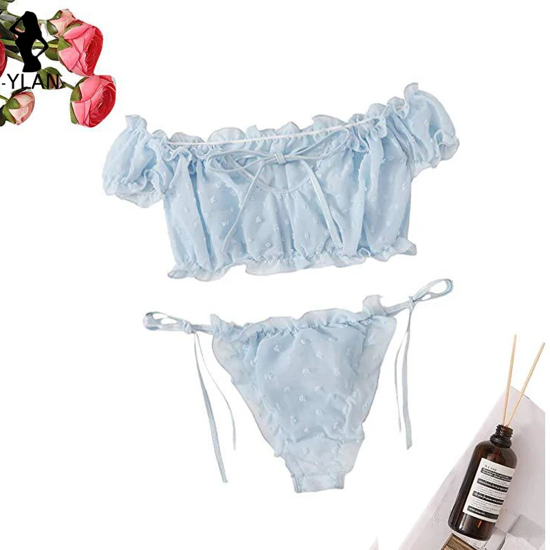 Lingerie da donna reggiseno a rete Sexy Set di biancheria intima con volant con spalle scoperte reggiseni trasparenti a pois carini fasciatura